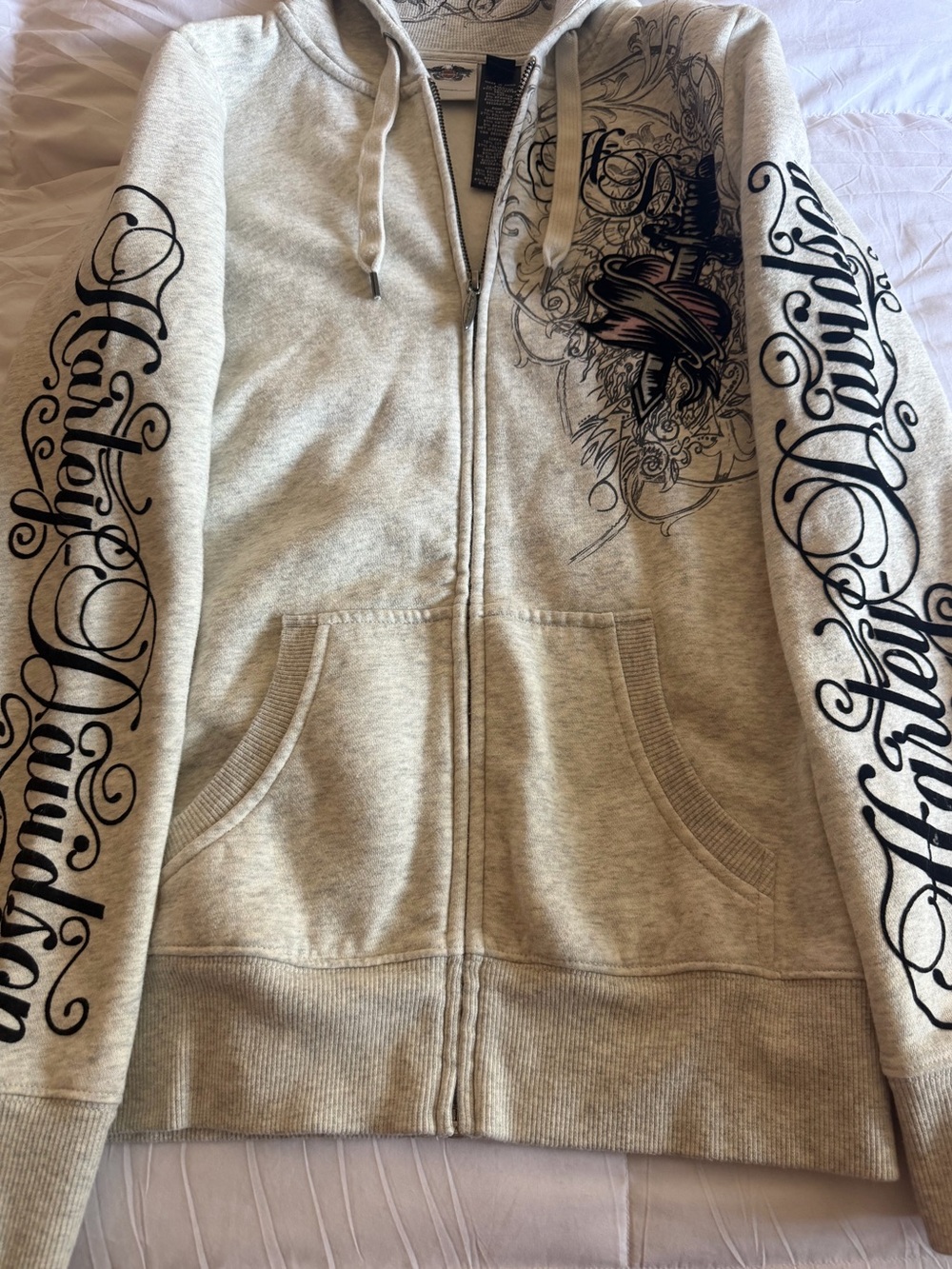 🆕 Y2K Harley-Davidson Light Gray Tattoo Hoodie with Velour Graphic & Zip Hood